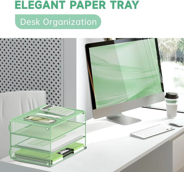Alt view image 5 of 7 - 3 Tier Letter Tray Paper Organizer with Sliding Trays Mint Green Metal Mesh File Organizer with Sliding Trays for Letter and A4 Paper, Mail, Bills, Folders and Office Documents