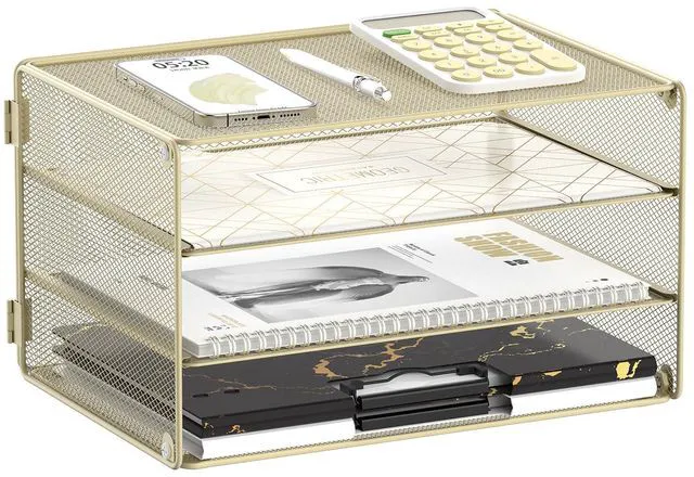 Main image of 3 Tier Letter Tray Paper Organizer with Sliding Mesh Trays Yellow Metal Mesh File Organizer with Sliding Trays for Letter and A4 Paper, Mail, Bills, Folders and Office Documents