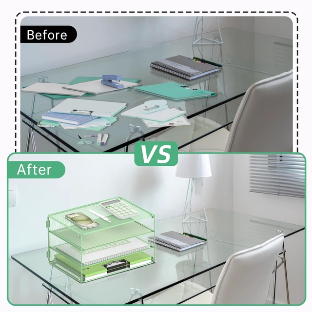 Alt view image 6 of 7 - 3 Tier Letter Tray Paper Organizer with Sliding Trays Mint Green Metal Mesh File Organizer with Sliding Trays for Letter and A4 Paper, Mail, Bills, Folders and Office Documents