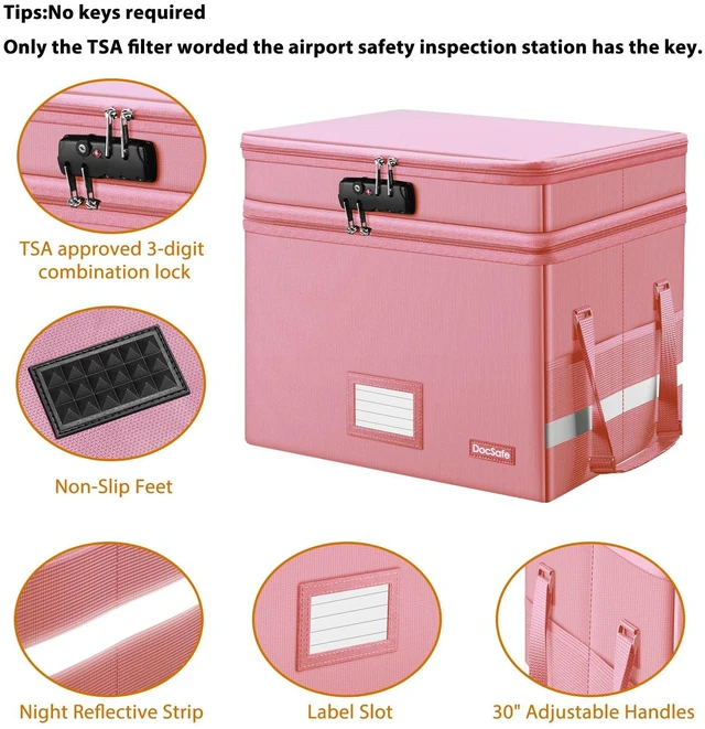 Alt view image 5 of 7 - File Box with Lock,Multi-Layer Fireproof Document Box Collapsible File Storage Organizer with Pockets/Handle,Large Portable Home Office Filing Safe for Hanging Letter/Legal Size Folders,Pink