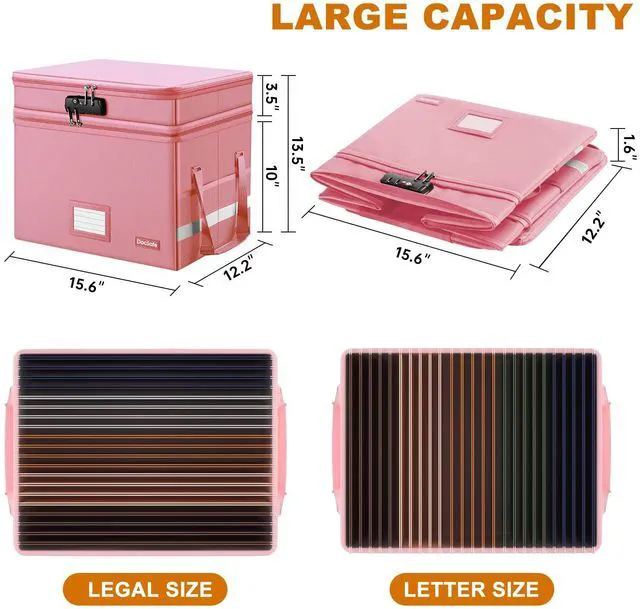 Alt view image 6 of 7 - File Box with Lock,Multi-Layer Fireproof Document Box Collapsible File Storage Organizer with Pockets/Handle,Large Portable Home Office Filing Safe for Hanging Letter/Legal Size Folders,Pink