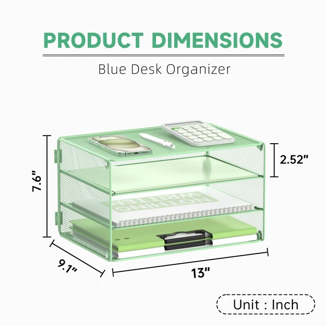 Alt view image 7 of 7 - 3 Tier Letter Tray Paper Organizer with Sliding Trays Mint Green Metal Mesh File Organizer with Sliding Trays for Letter and A4 Paper, Mail, Bills, Folders and Office Documents