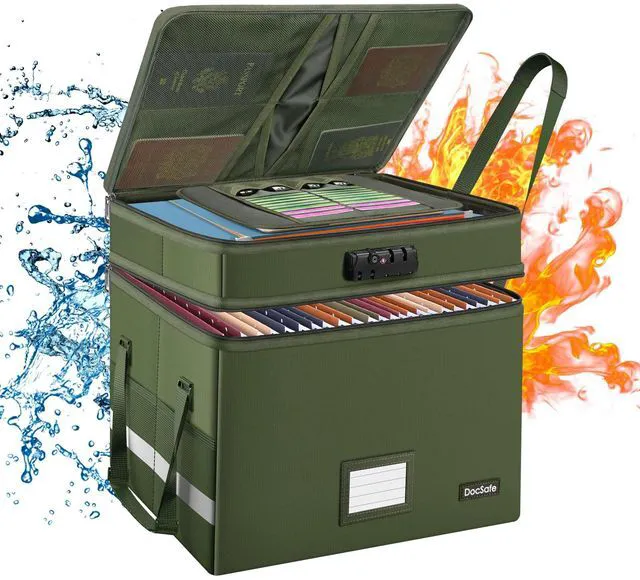 Main image of File Box with Lock,Multi-Layer Fireproof Document Box Collapsible File Storage Organizer with Pockets/Handle,Portable Home Office Filing Cabinet for Hanging Letter/Legal Size Folders,Green