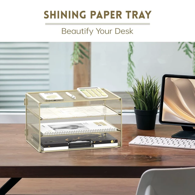 Alt view image 3 of 7 - 3 Tier Letter Tray Paper Organizer with Sliding Mesh Trays Yellow Metal Mesh File Organizer with Sliding Trays for Letter and A4 Paper, Mail, Bills, Folders and Office Documents