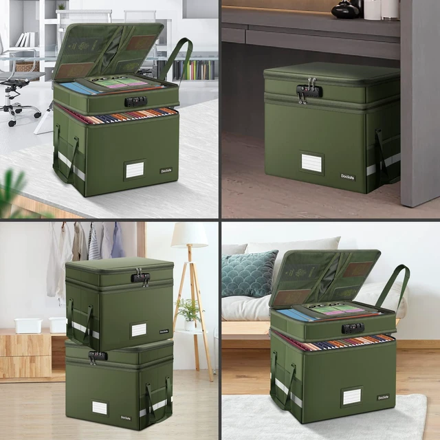 Alt view image 2 of 7 - File Box with Lock,Multi-Layer Fireproof Document Box Collapsible File Storage Organizer with Pockets/Handle,Portable Home Office Filing Cabinet for Hanging Letter/Legal Size Folders,Green