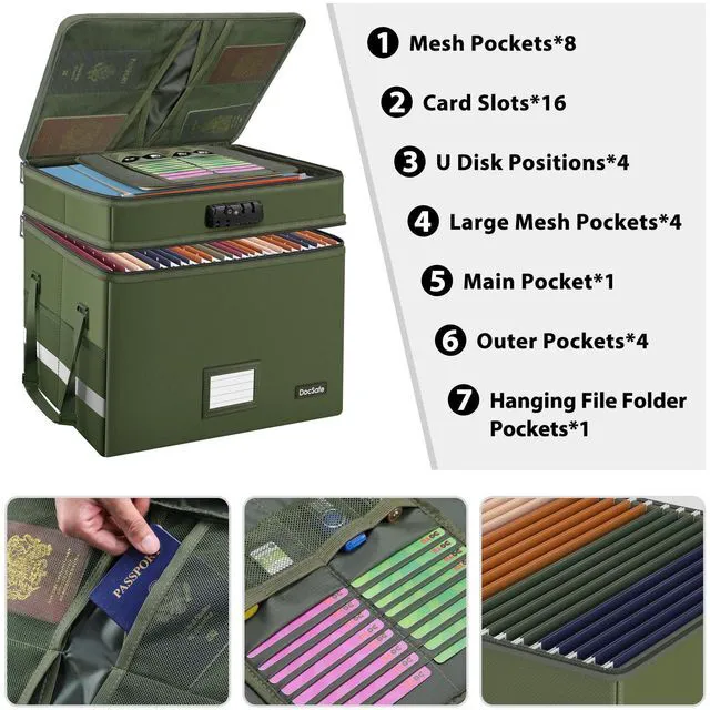 Alt view image 3 of 7 - File Box with Lock,Multi-Layer Fireproof Document Box Collapsible File Storage Organizer with Pockets/Handle,Portable Home Office Filing Cabinet for Hanging Letter/Legal Size Folders,Green