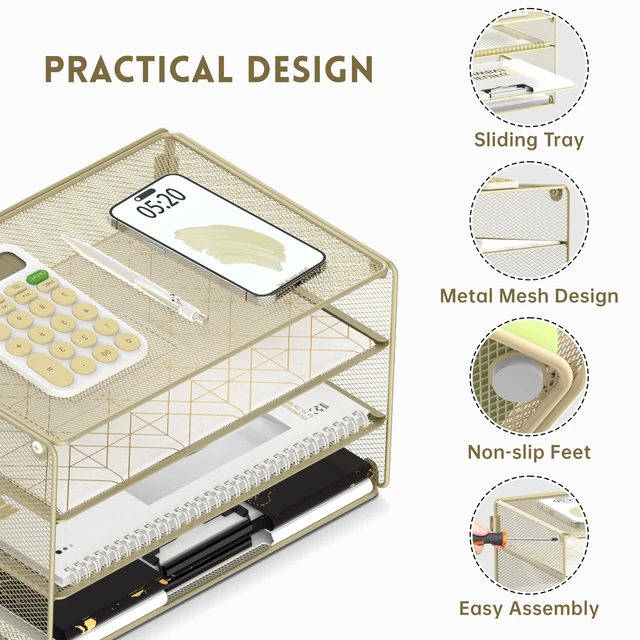 Alt view image 4 of 7 - 3 Tier Letter Tray Paper Organizer with Sliding Mesh Trays Yellow Metal Mesh File Organizer with Sliding Trays for Letter and A4 Paper, Mail, Bills, Folders and Office Documents