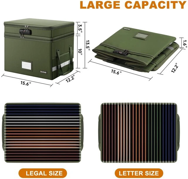 Alt view image 6 of 7 - File Box with Lock,Multi-Layer Fireproof Document Box Collapsible File Storage Organizer with Pockets/Handle,Portable Home Office Filing Cabinet for Hanging Letter/Legal Size Folders,Green