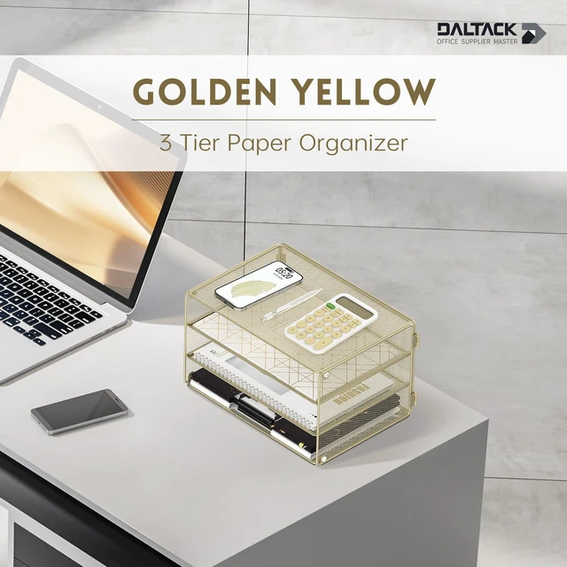 Alt view image 2 of 7 - 3 Tier Letter Tray Paper Organizer with Sliding Mesh Trays Yellow Metal Mesh File Organizer with Sliding Trays for Letter and A4 Paper, Mail, Bills, Folders and Office Documents
