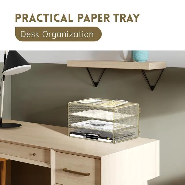 Alt view image 5 of 7 - 3 Tier Letter Tray Paper Organizer with Sliding Mesh Trays Yellow Metal Mesh File Organizer with Sliding Trays for Letter and A4 Paper, Mail, Bills, Folders and Office Documents