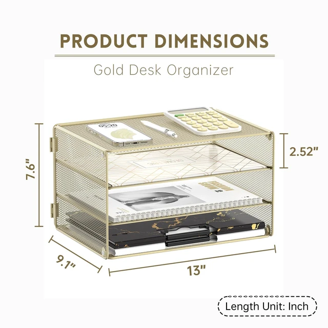 Alt view image 7 of 7 - 3 Tier Letter Tray Paper Organizer with Sliding Mesh Trays Yellow Metal Mesh File Organizer with Sliding Trays for Letter and A4 Paper, Mail, Bills, Folders and Office Documents