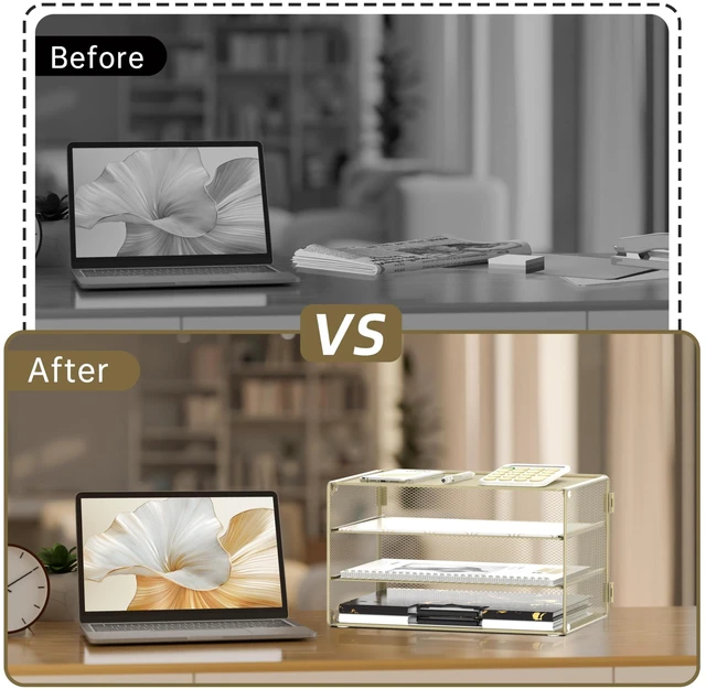 Alt view image 6 of 7 - 3 Tier Letter Tray Paper Organizer with Sliding Mesh Trays Yellow Metal Mesh File Organizer with Sliding Trays for Letter and A4 Paper, Mail, Bills, Folders and Office Documents