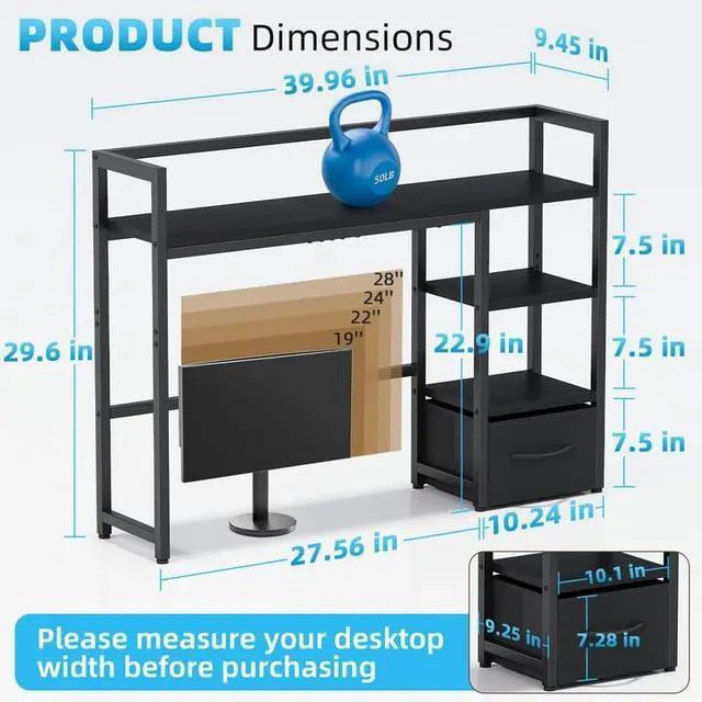 Alt view image 3 of 7 - Desk Shelf with Drawer, 40" Desk Hutch for Computer Monitor, Desk Shelf for top of Desk, Wooden Desktop Bookshelf Storage Rack for Home Office Dorm - Black
