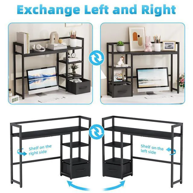 Alt view image 4 of 7 - Desk Shelf with Drawer, 40" Desk Hutch for Computer Monitor, Desk Shelf for top of Desk, Wooden Desktop Bookshelf Storage Rack for Home Office Dorm - Black