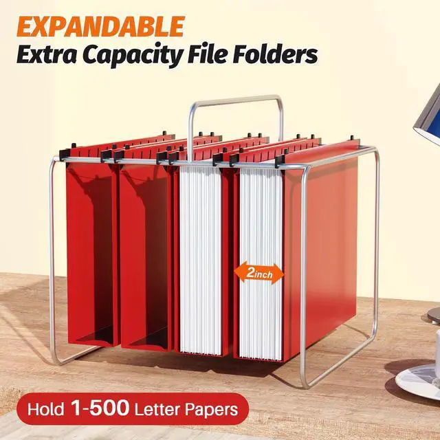 Alt view image 4 of 7 - Plastic Hanging File Folder, Letter Size, 12 Pack, Red PP Reinforced Hang Folders, Heavy Duty 2 Inch Expansion, w/ 15 x Tabs, Filing Cabinet Folders for Bulk Files & Medical Charts