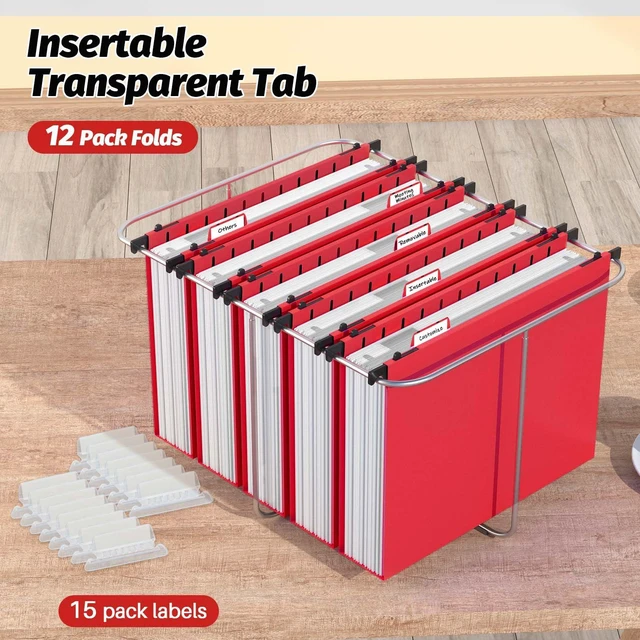 Alt view image 6 of 7 - Plastic Hanging File Folder, Letter Size, 12 Pack, Red PP Reinforced Hang Folders, Heavy Duty 2 Inch Expansion, w/ 15 x Tabs, Filing Cabinet Folders for Bulk Files & Medical Charts