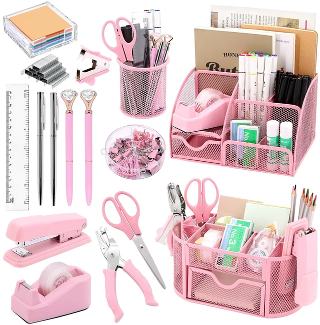 Main image of 17 IN 1 Office Desk Organizer Set for Back to School Supplies Accessories 3 Office Desk Storage Organization, 4 Pens, Stapler, Staples & Remover, Tape & Dispenser, Scissors, Ruler, Clips, Hole Punch