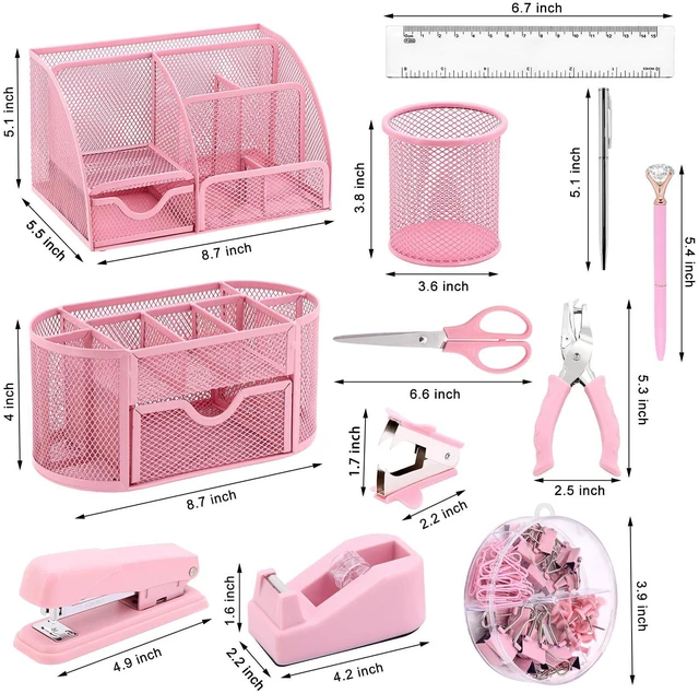 Alt view image 2 of 7 - 17 IN 1 Office Desk Organizer Set for Back to School Supplies Accessories 3 Office Desk Storage Organization, 4 Pens, Stapler, Staples & Remover, Tape & Dispenser, Scissors, Ruler, Clips, Hole Punch