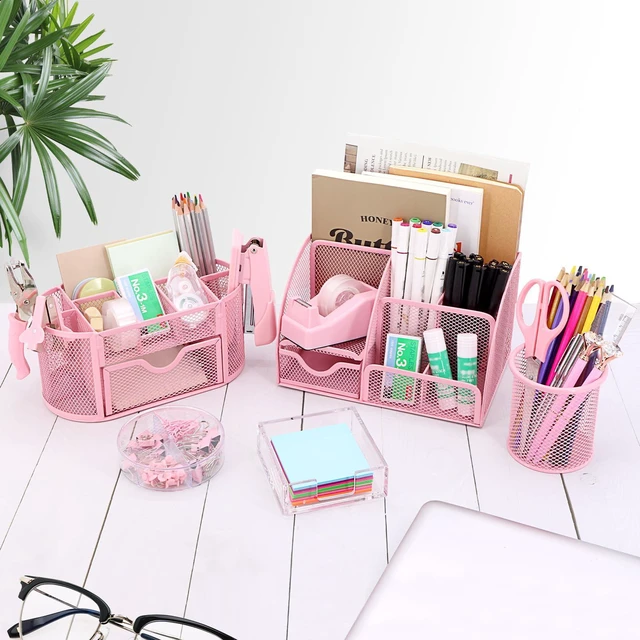 Alt view image 6 of 7 - 17 IN 1 Office Desk Organizer Set for Back to School Supplies Accessories 3 Office Desk Storage Organization, 4 Pens, Stapler, Staples & Remover, Tape & Dispenser, Scissors, Ruler, Clips, Hole Punch