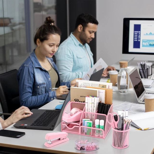 Alt view image 7 of 7 - 17 IN 1 Office Desk Organizer Set for Back to School Supplies Accessories 3 Office Desk Storage Organization, 4 Pens, Stapler, Staples & Remover, Tape & Dispenser, Scissors, Ruler, Clips, Hole Punch