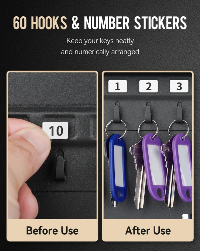 Alt view image 3 of 7 - 60 Position Key Cabinet with Key Lock Wall Mounted Black Security Storage Box Steel Key Organizer with Colorful Key Tag Labels Stickers and Hooks