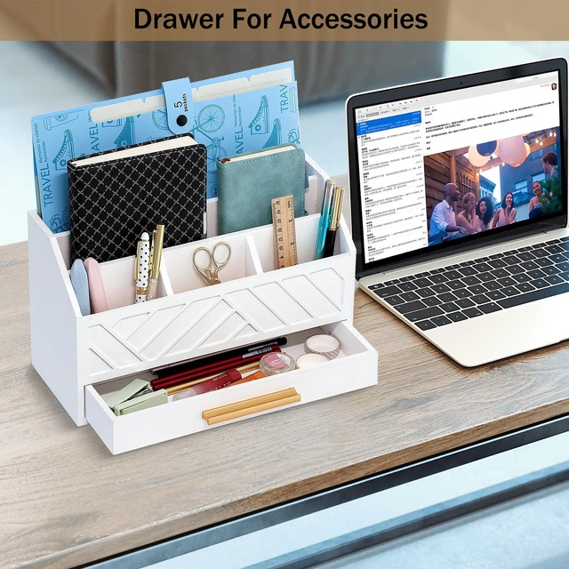 Alt view image 4 of 7 - white Wood Desk Organizer and Accessories with Drawer, Bill Mail Organizer and File Mail Holder for Office Supplies, Modern Desk Accessories & Workspace Organizers for Desk Organization