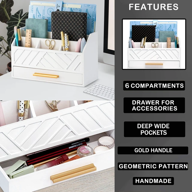 Alt view image 6 of 7 - white Wood Desk Organizer and Accessories with Drawer, Bill Mail Organizer and File Mail Holder for Office Supplies, Modern Desk Accessories & Workspace Organizers for Desk Organization