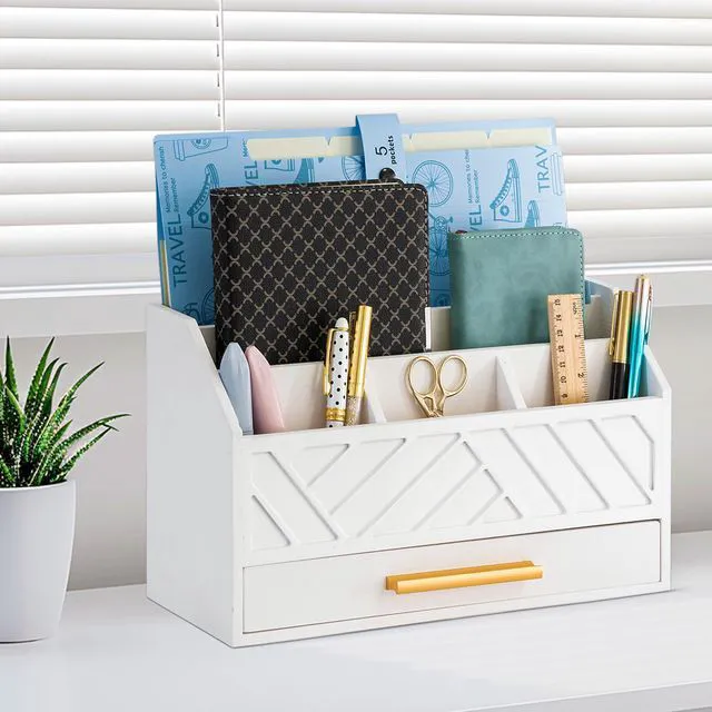 Alt view image 7 of 7 - white Wood Desk Organizer and Accessories with Drawer, Bill Mail Organizer and File Mail Holder for Office Supplies, Modern Desk Accessories & Workspace Organizers for Desk Organization