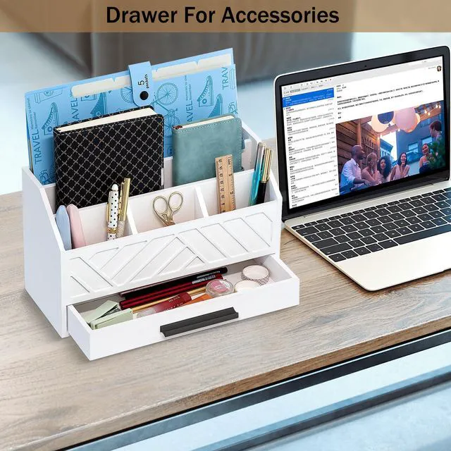 Alt view image 2 of 7 - Wood Desk Organizer and Accessories with Drawer, Bill Mail Organizer and File Mail Holder for Office Supplies, Modern Desk Accessories & Workspace Organizers for Desk Organization