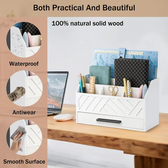 Alt view image 3 of 7 - Wood Desk Organizer and Accessories with Drawer, Bill Mail Organizer and File Mail Holder for Office Supplies, Modern Desk Accessories & Workspace Organizers for Desk Organization
