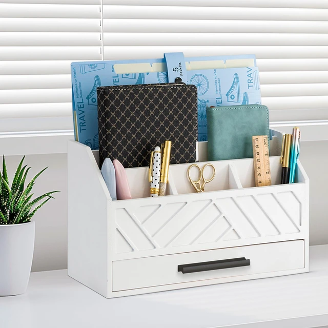 Alt view image 5 of 7 - Wood Desk Organizer and Accessories with Drawer, Bill Mail Organizer and File Mail Holder for Office Supplies, Modern Desk Accessories & Workspace Organizers for Desk Organization