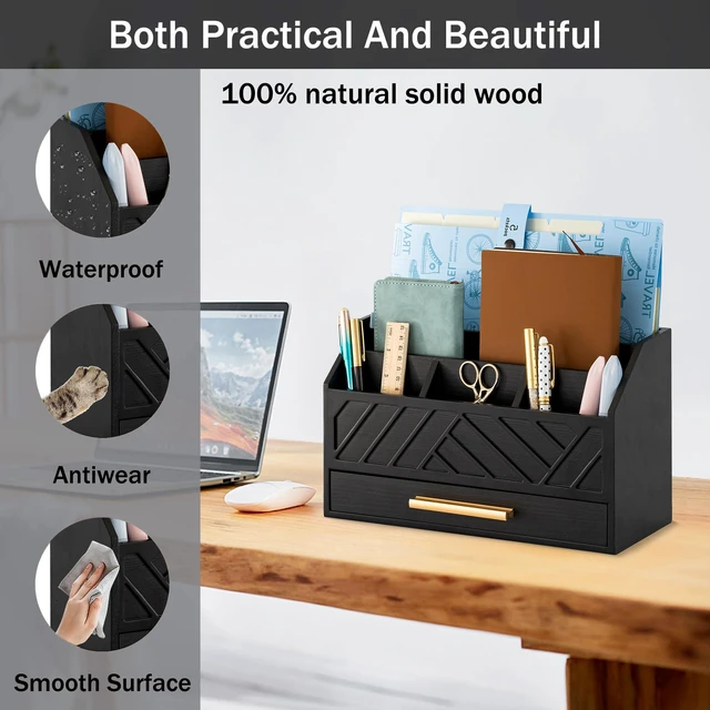 Alt view image 4 of 7 - Black Wood Desk Organizer and Accessories with Drawer, Bill Mail Organizer and File Mail Holder for Office Supplies, Modern Desk Accessories & Workspace Organizers for Desk Organization