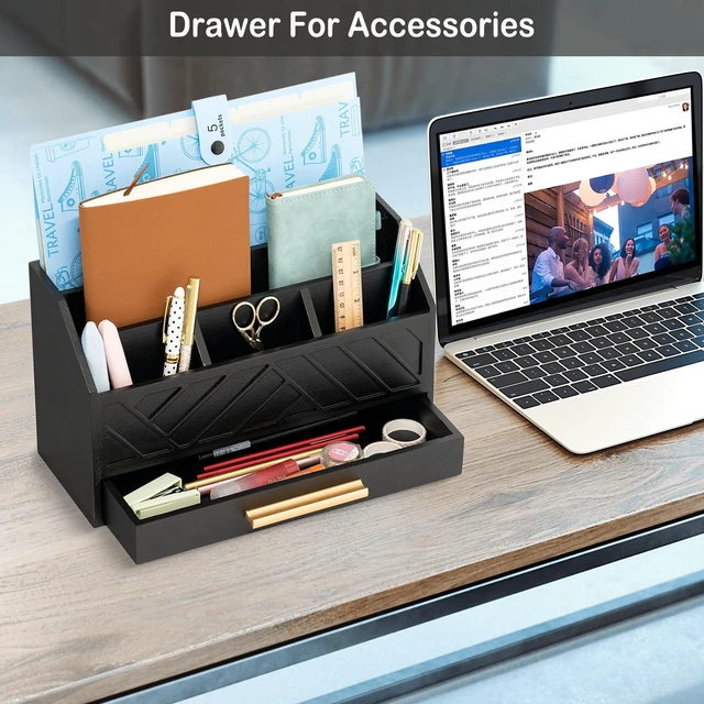 Alt view image 3 of 7 - Black Wood Desk Organizer and Accessories with Drawer, Bill Mail Organizer and File Mail Holder for Office Supplies, Modern Desk Accessories & Workspace Organizers for Desk Organization
