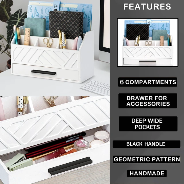 Alt view image 7 of 7 - Wood Desk Organizer and Accessories with Drawer, Bill Mail Organizer and File Mail Holder for Office Supplies, Modern Desk Accessories & Workspace Organizers for Desk Organization