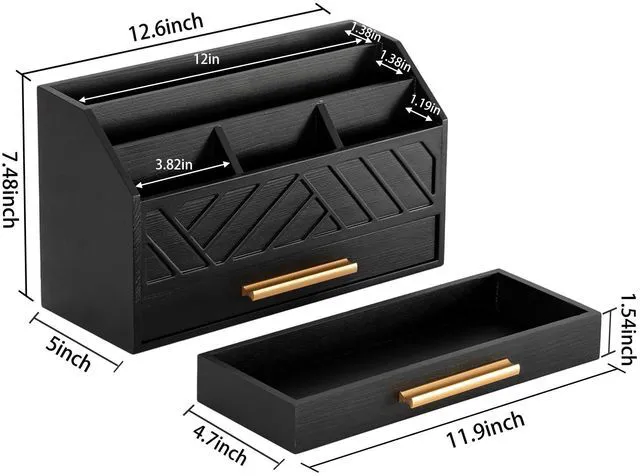 Alt view image 5 of 7 - Black Wood Desk Organizer and Accessories with Drawer, Bill Mail Organizer and File Mail Holder for Office Supplies, Modern Desk Accessories & Workspace Organizers for Desk Organization