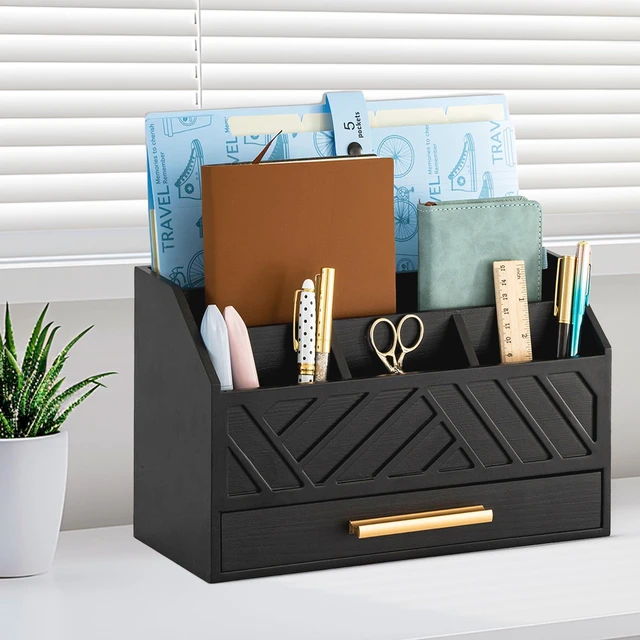 Alt view image 7 of 7 - Black Wood Desk Organizer and Accessories with Drawer, Bill Mail Organizer and File Mail Holder for Office Supplies, Modern Desk Accessories & Workspace Organizers for Desk Organization