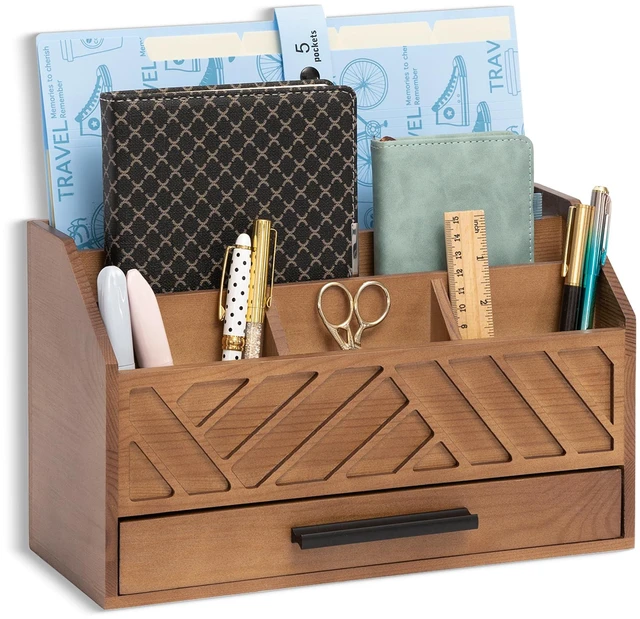 Main image of Brown Wood Desk Organizer and Accessories with Drawer, Bill Mail Organizer and File Mail Holder for Office Supplies, Modern Desk Accessories & Workspace Organizers for Desk Organization