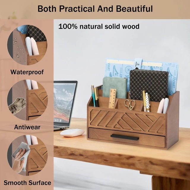 Alt view image 2 of 7 - Brown Wood Desk Organizer and Accessories with Drawer, Bill Mail Organizer and File Mail Holder for Office Supplies, Modern Desk Accessories & Workspace Organizers for Desk Organization