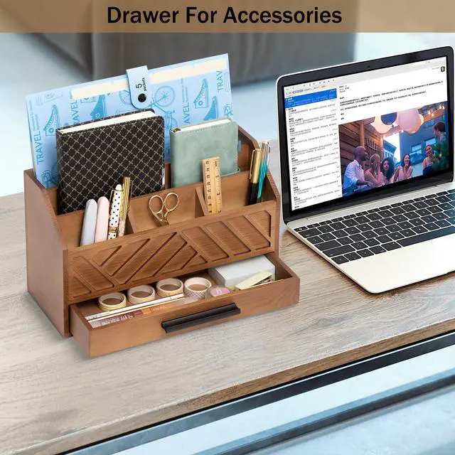 Alt view image 3 of 7 - Brown Wood Desk Organizer and Accessories with Drawer, Bill Mail Organizer and File Mail Holder for Office Supplies, Modern Desk Accessories & Workspace Organizers for Desk Organization