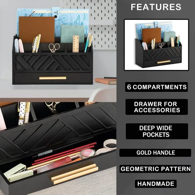 Alt view image 6 of 7 - Black Wood Desk Organizer and Accessories with Drawer, Bill Mail Organizer and File Mail Holder for Office Supplies, Modern Desk Accessories & Workspace Organizers for Desk Organization