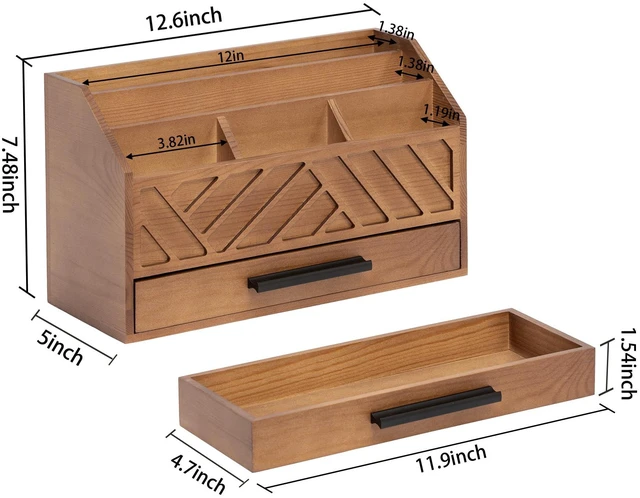 Alt view image 4 of 7 - Brown Wood Desk Organizer and Accessories with Drawer, Bill Mail Organizer and File Mail Holder for Office Supplies, Modern Desk Accessories & Workspace Organizers for Desk Organization
