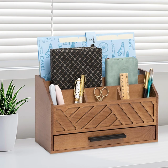 Alt view image 7 of 7 - Brown Wood Desk Organizer and Accessories with Drawer, Bill Mail Organizer and File Mail Holder for Office Supplies, Modern Desk Accessories & Workspace Organizers for Desk Organization