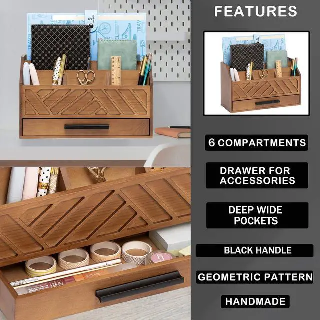 Alt view image 6 of 7 - Brown Wood Desk Organizer and Accessories with Drawer, Bill Mail Organizer and File Mail Holder for Office Supplies, Modern Desk Accessories & Workspace Organizers for Desk Organization