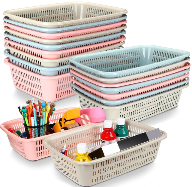 Main image of 16 Pack Paper Basket,Blue, Pink, Beige,14 X 10 X 4 Inch,Fashion Paper Organizer Basket, Small Plastic Storage, Plastic Basket Tray, Office Bins File Holder, Home Office School Supplies