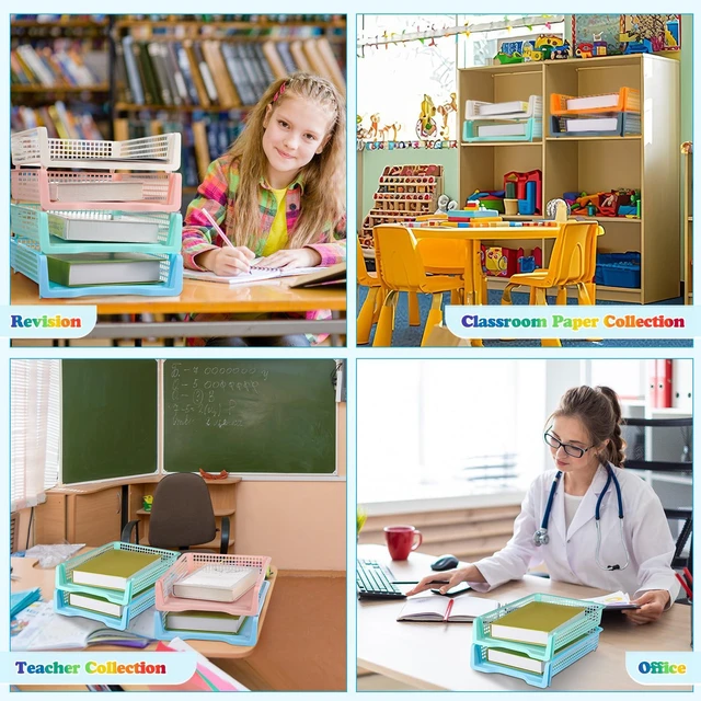 Alt view image 6 of 7 - 12 Pcs Turn in Trays, Classroom Paper Tray, Pastel, Narrow Plastic Stackable Turn in Bins, Letter Size, Desk File Organizer, Color Coded for Homework, Teacher Office Document Storage