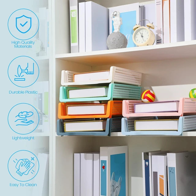 Alt view image 3 of 7 - 12 Pcs Turn in Trays, Classroom Paper Tray, Pastel, Narrow Plastic Stackable Turn in Bins, Letter Size, Desk File Organizer, Color Coded for Homework, Teacher Office Document Storage
