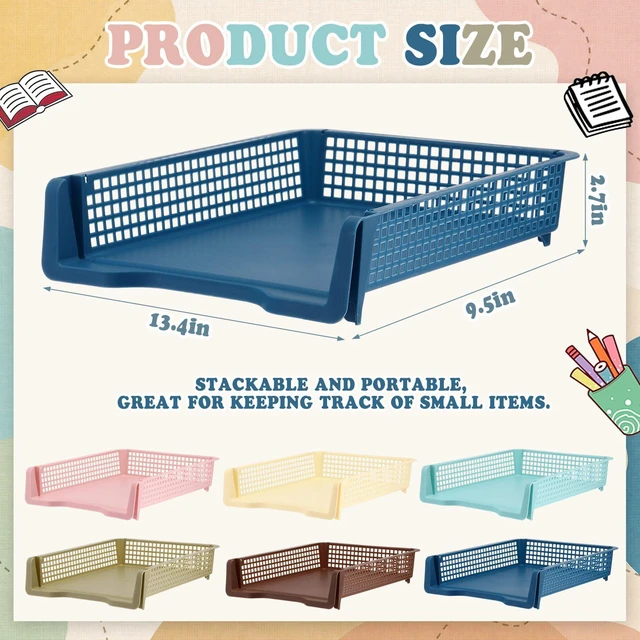 Alt view image 2 of 7 - 12 Pcs Turn in Trays, Classroom Paper Tray, Morandi Tones, Narrow Plastic Stackable Turn in Bins, Letter Size, Desk File Organizer, Color Coded for Homework, Teacher Office Document Storage