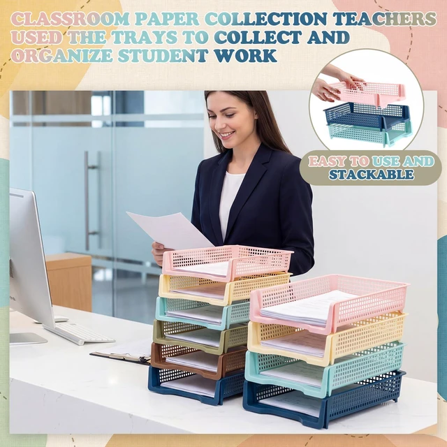 Alt view image 3 of 7 - 12 Pcs Turn in Trays, Classroom Paper Tray, Morandi Tones, Narrow Plastic Stackable Turn in Bins, Letter Size, Desk File Organizer, Color Coded for Homework, Teacher Office Document Storage