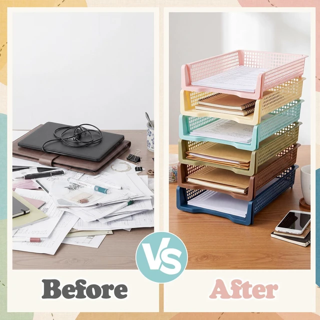 Alt view image 4 of 7 - 12 Pcs Turn in Trays, Classroom Paper Tray, Morandi Tones, Narrow Plastic Stackable Turn in Bins, Letter Size, Desk File Organizer, Color Coded for Homework, Teacher Office Document Storage