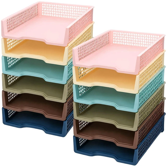 Alt view image 7 of 7 - 12 Pcs Turn in Trays, Classroom Paper Tray, Morandi Tones, Narrow Plastic Stackable Turn in Bins, Letter Size, Desk File Organizer, Color Coded for Homework, Teacher Office Document Storage